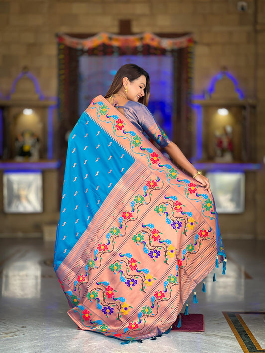 Premium Sky Blue Paithani Silk Saree for Women