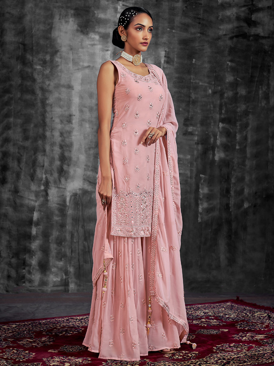 Beautiful Embroidered Pink Georgette Semi Stitched Kurta Set