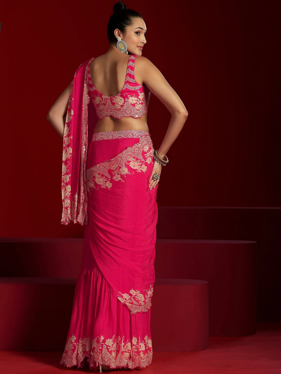 Mameraa Art Pink Embellished Chinnon Saree
