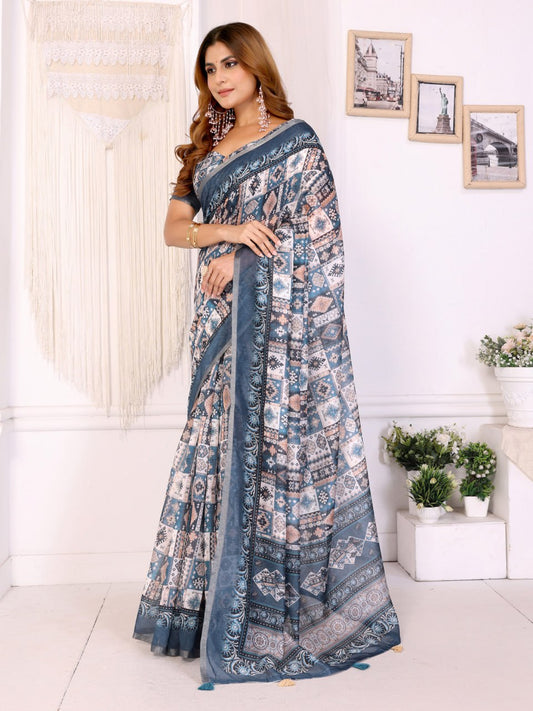 Premium Linen Cotton Geometric Printed Saree with Elegant Steel Blue Border