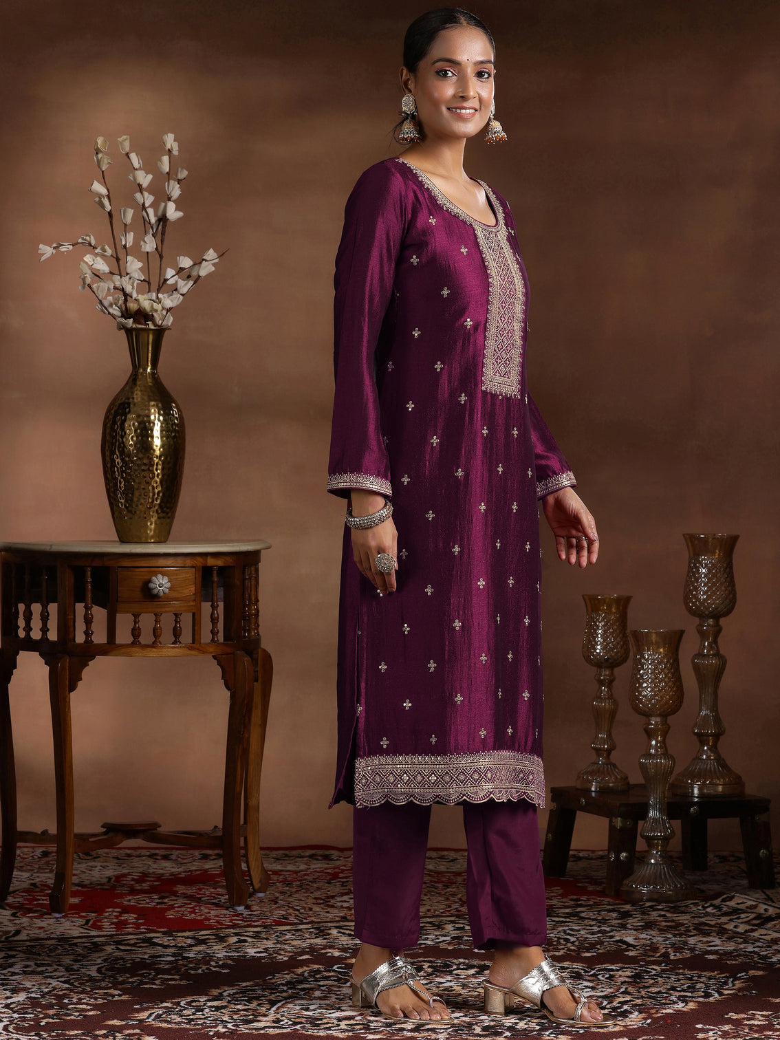 Mameraa Wine Embroidered Silk Blend Straight Suit With Dupatta