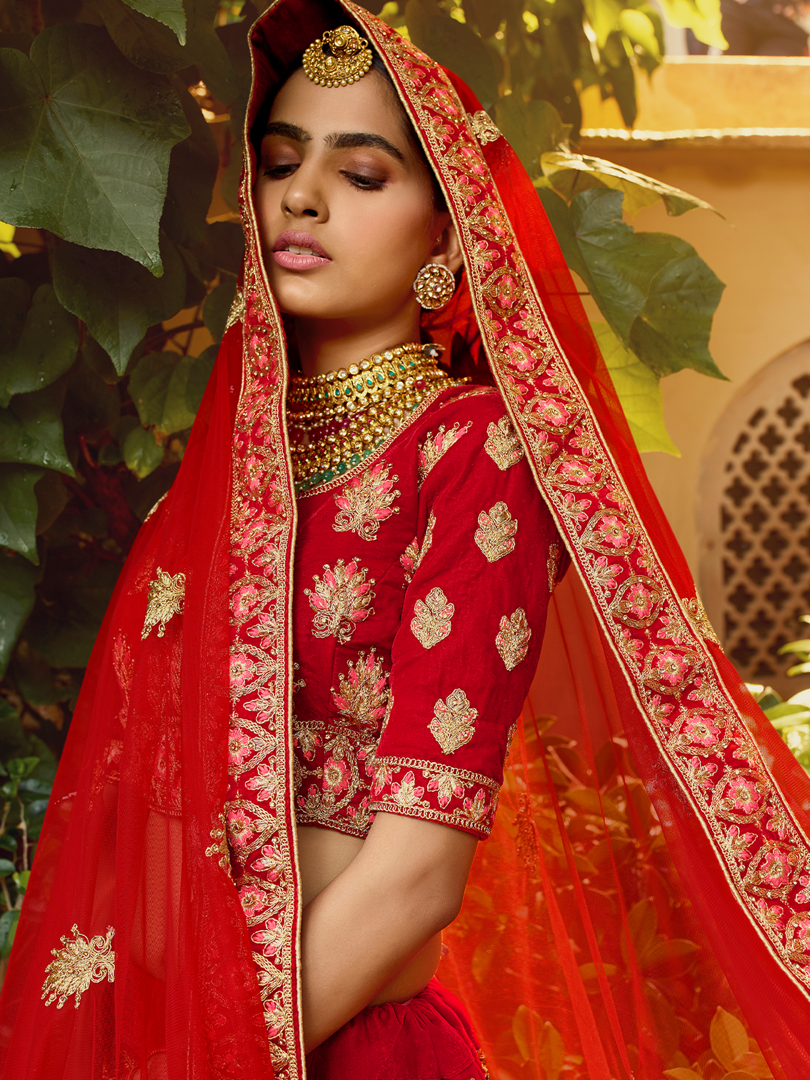 Red Embroidered Velvet Semi Stitched Lehenga With Unstitched Blouse