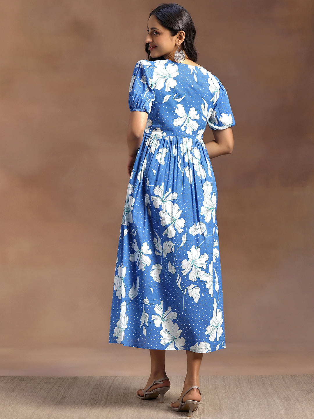 Libas Blue Printed Cotton Fit and Flare Dress