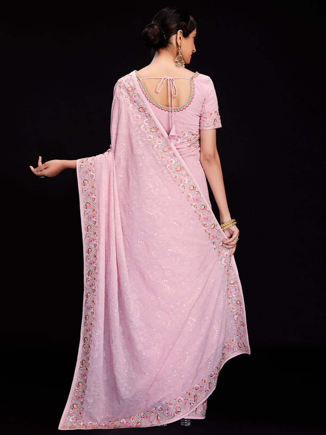 Pink Georgette Embroidered Saree With Unstitched Blouse