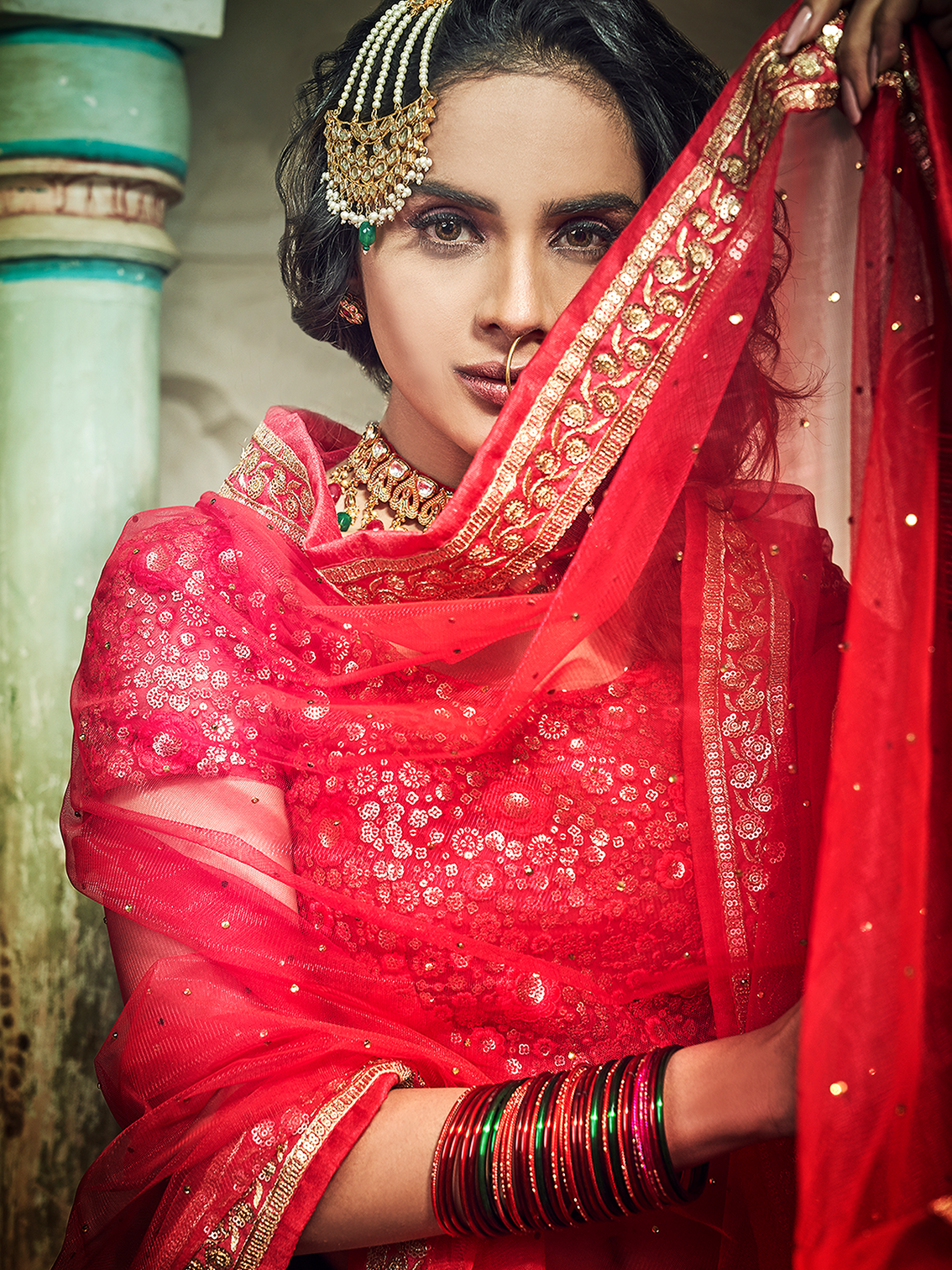 Green Sequins, Thread, Zari, Pearl Semi Stitched Lehenga With Unstitched Blouse