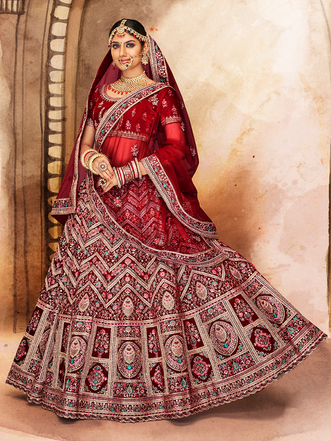 Maroon Embroidered Semi Stitched Lehenga With Unstitched Blouse
