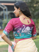 Satin Georgette Light Peach Colour Hand Print Saree - Luxe
