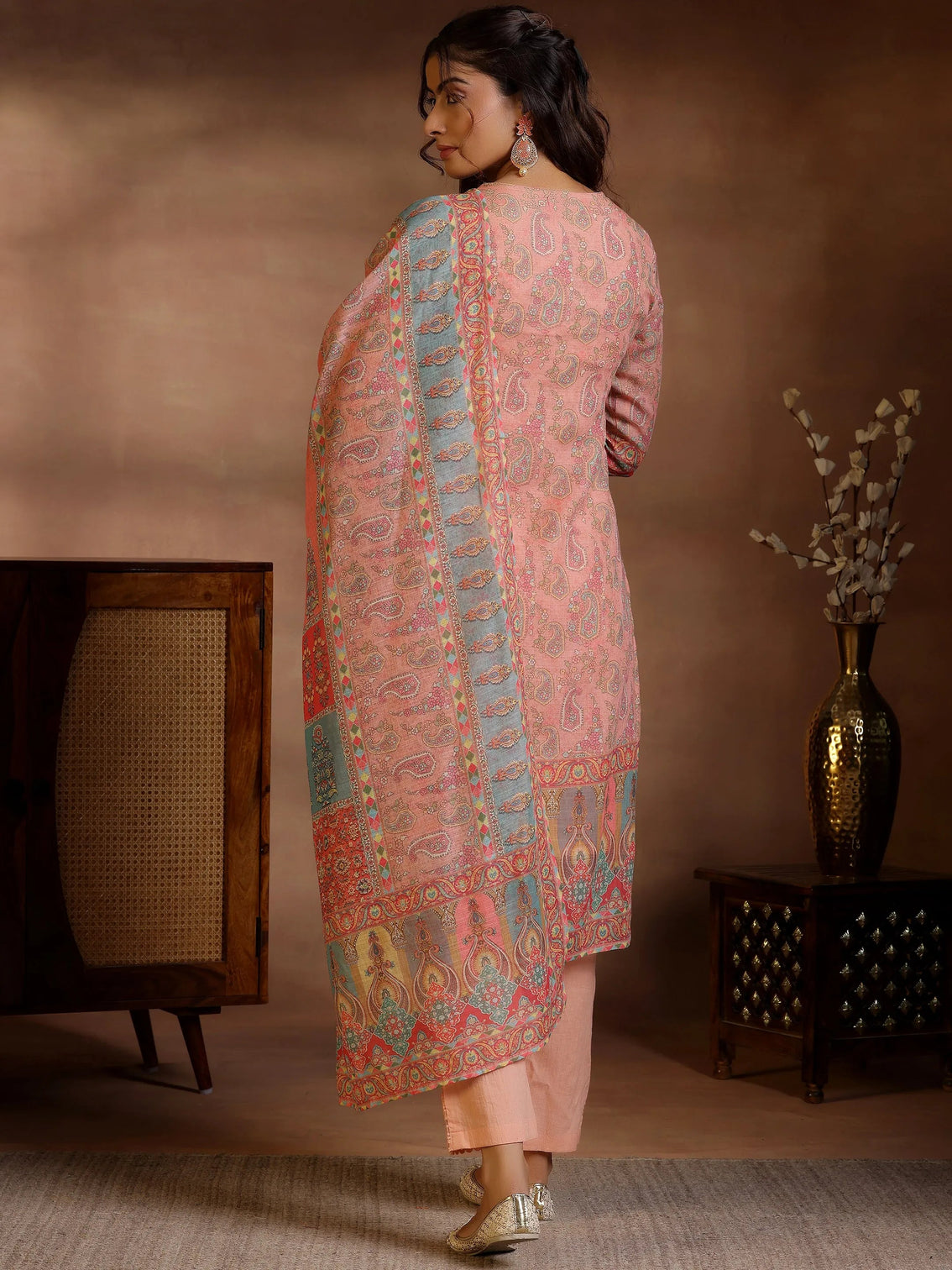 Mameraa Peach Printed Cotton Blend Straight Suit With Dupatta