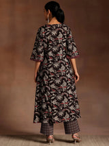 Libas Black Printed Cotton A-Line Kurta With Palazzos