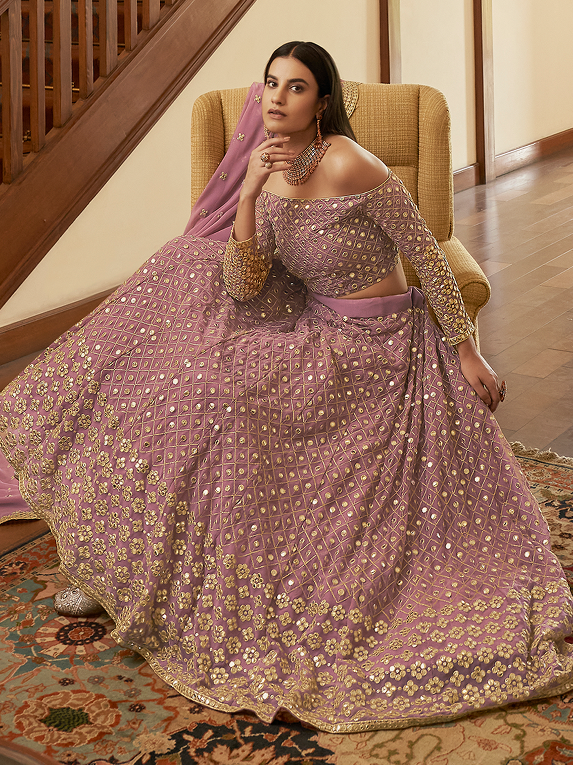 Purple Embroidered Georgette Semi Stitched Lehenga With Unstitched Blouse