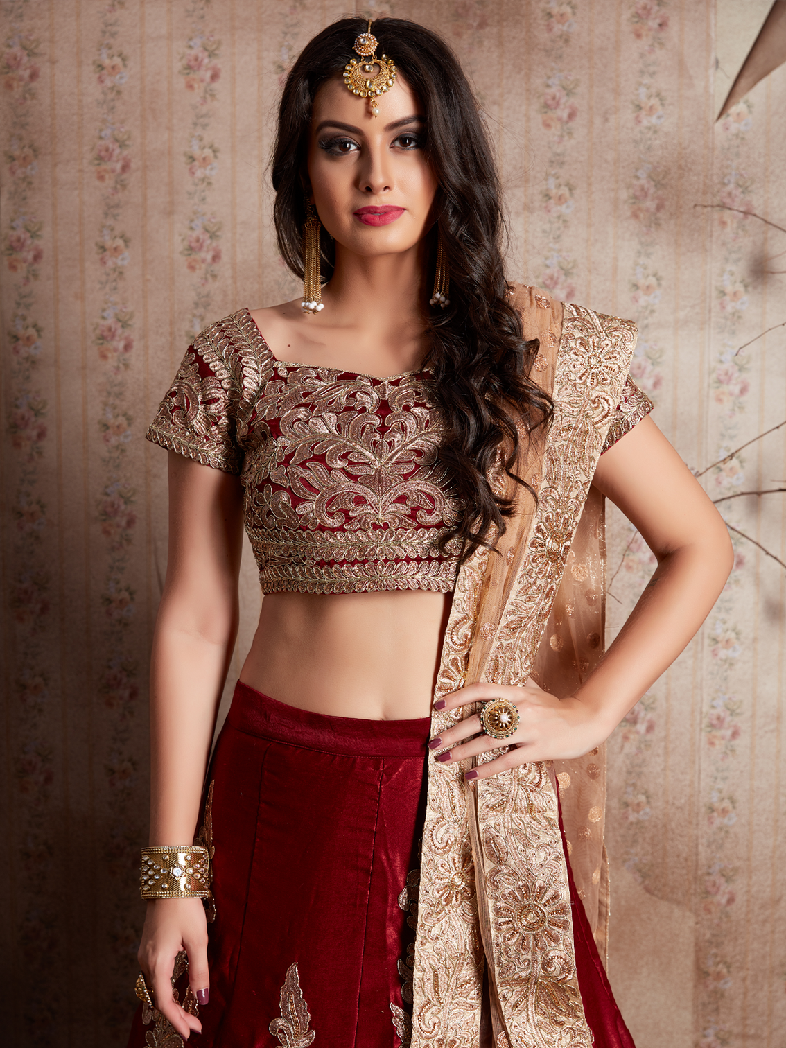Maroon Embroidered Semi Stitched Lehenga With Unstitched Blouse