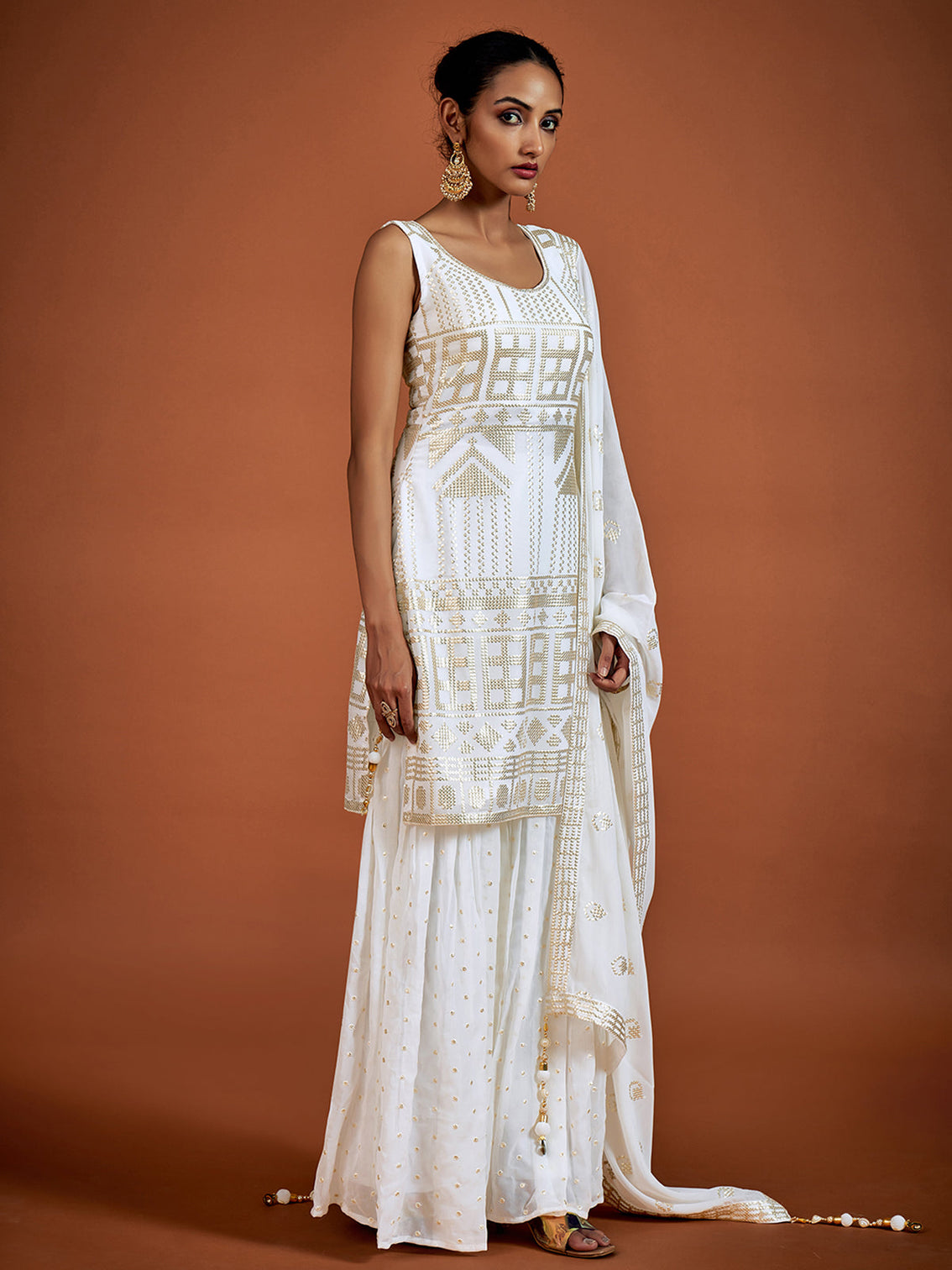 Classic White Embroidered Georgette Partywear Stitched Kurta Set