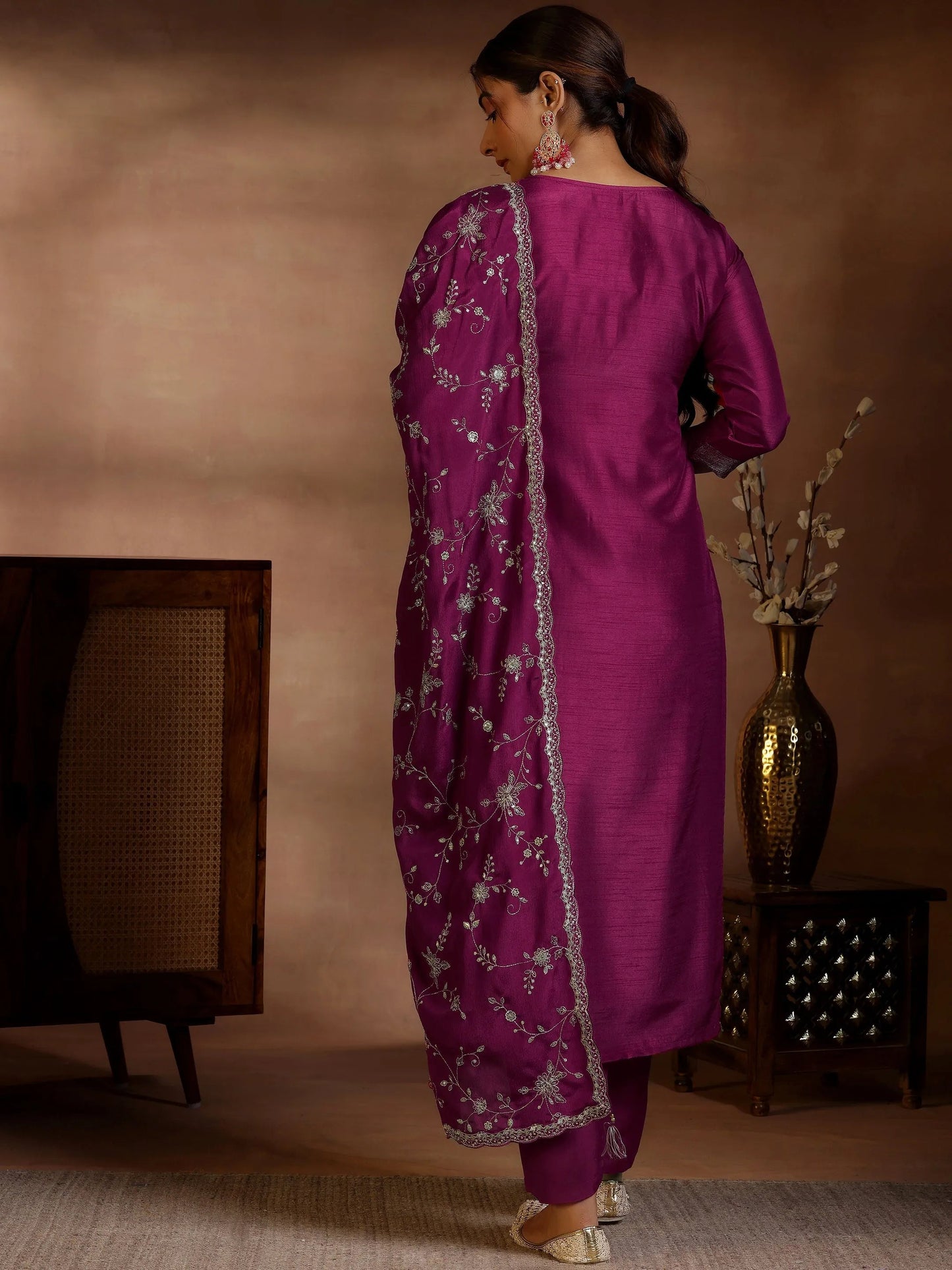 Libas Burgundy Woven Design Silk Blend Straight Suit With Dupatta