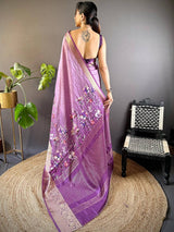Lavender Floral Zari Chex Saree