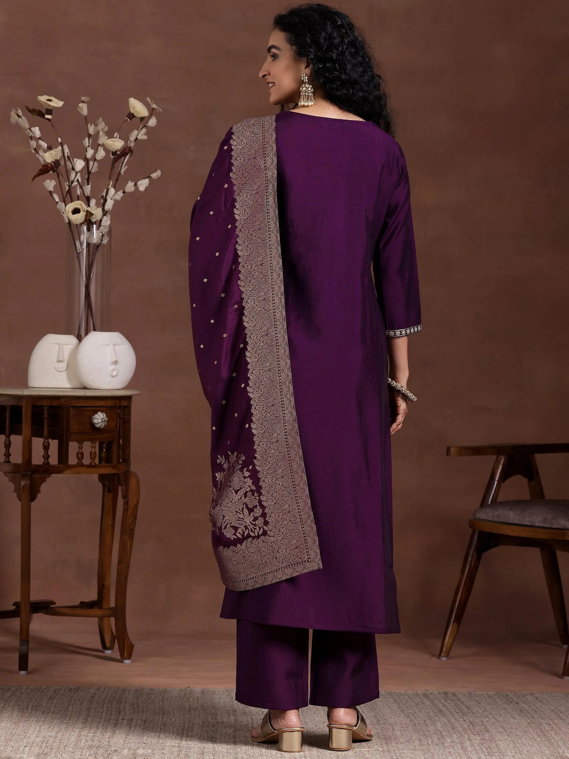Mameraa Wine Yoke Design Silk Blend Straight Suit With Dupatta