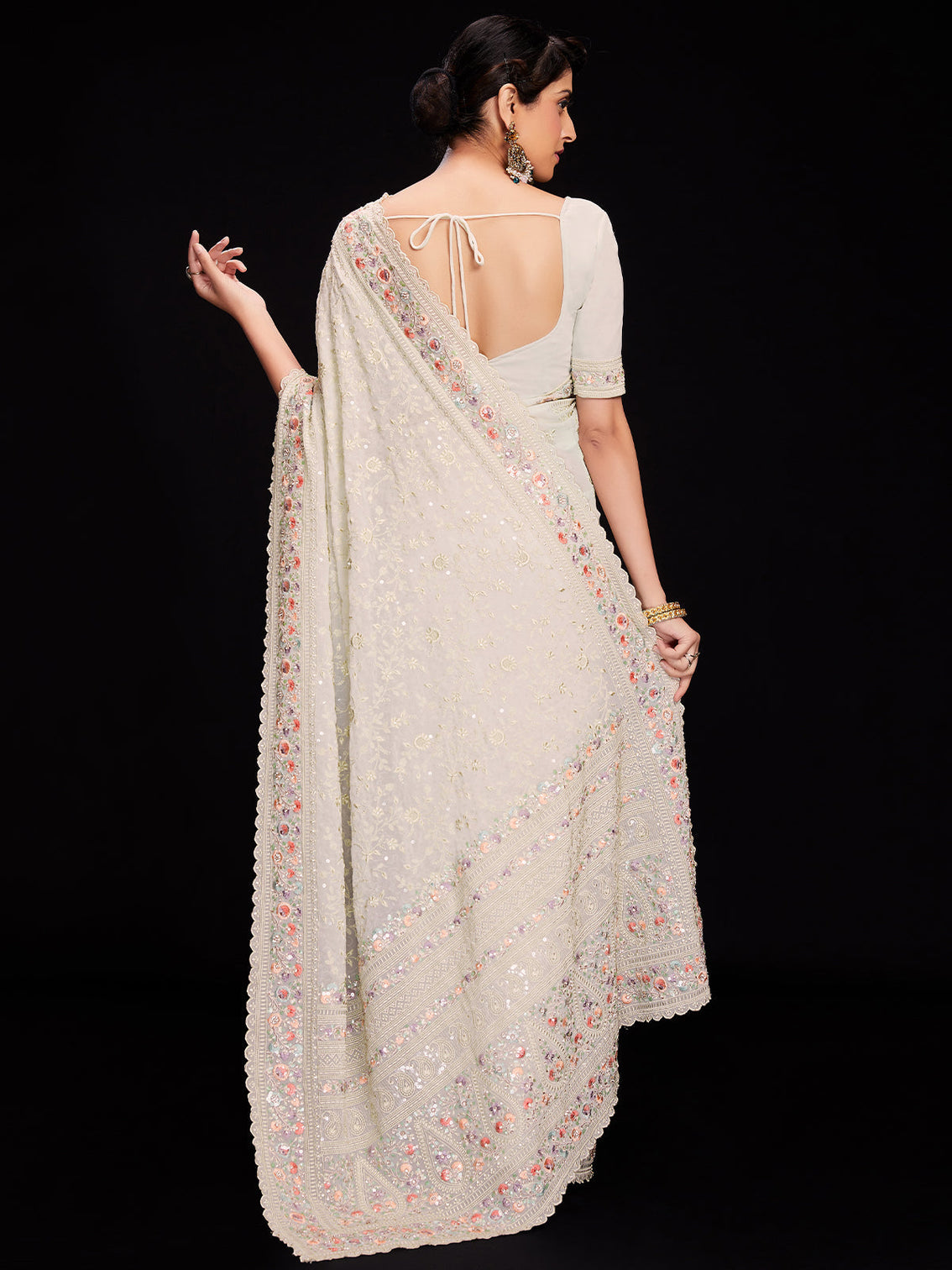 White Georgette Embroidered Saree With Unstitched Blouse