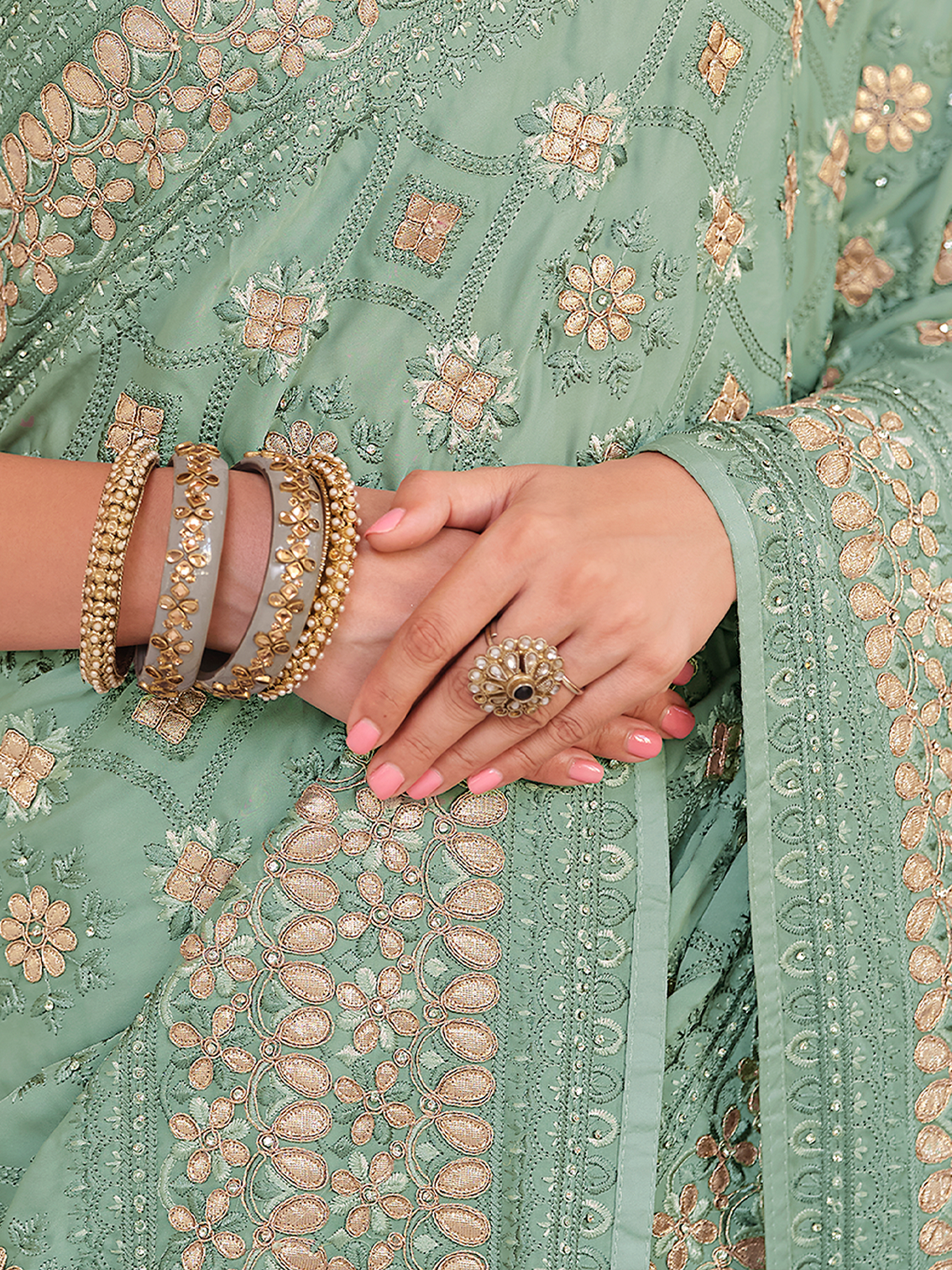 Sea Green Satin Georgette Saree With Unstitched Blouse