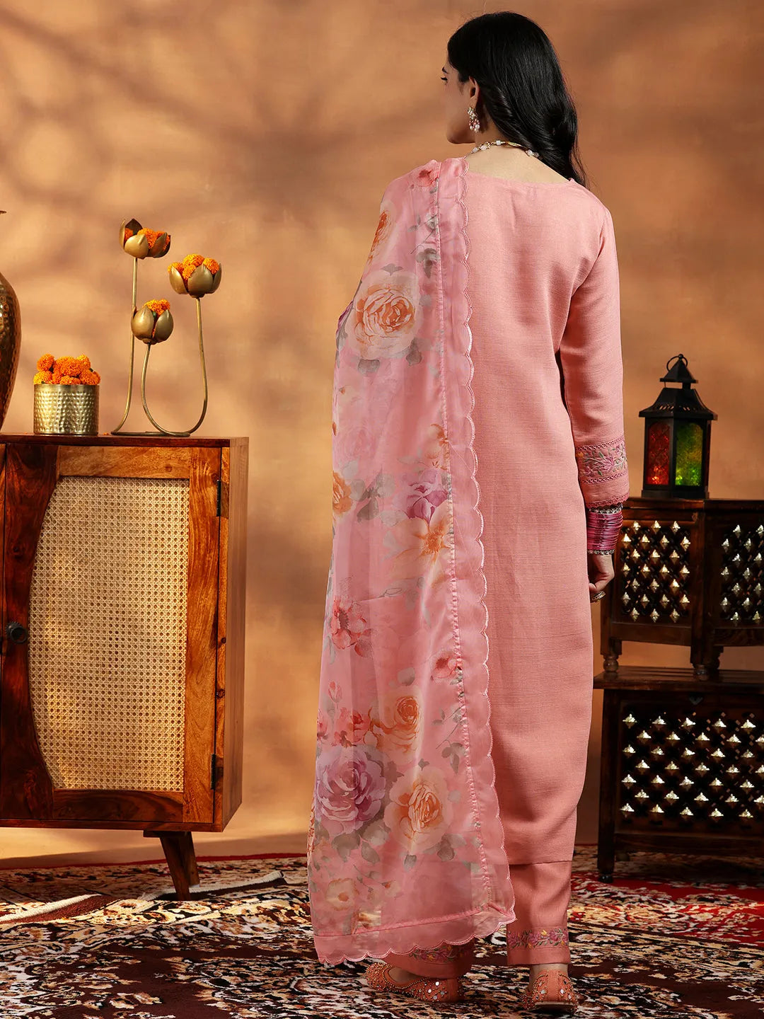 Mameraa Peach Yoke Design Silk Blend Straight Suit With Dupatta