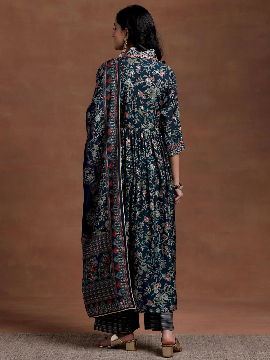 Mameraa Blue Printed Silk Blend A-Line Kurta With Palazzos & Dupatta