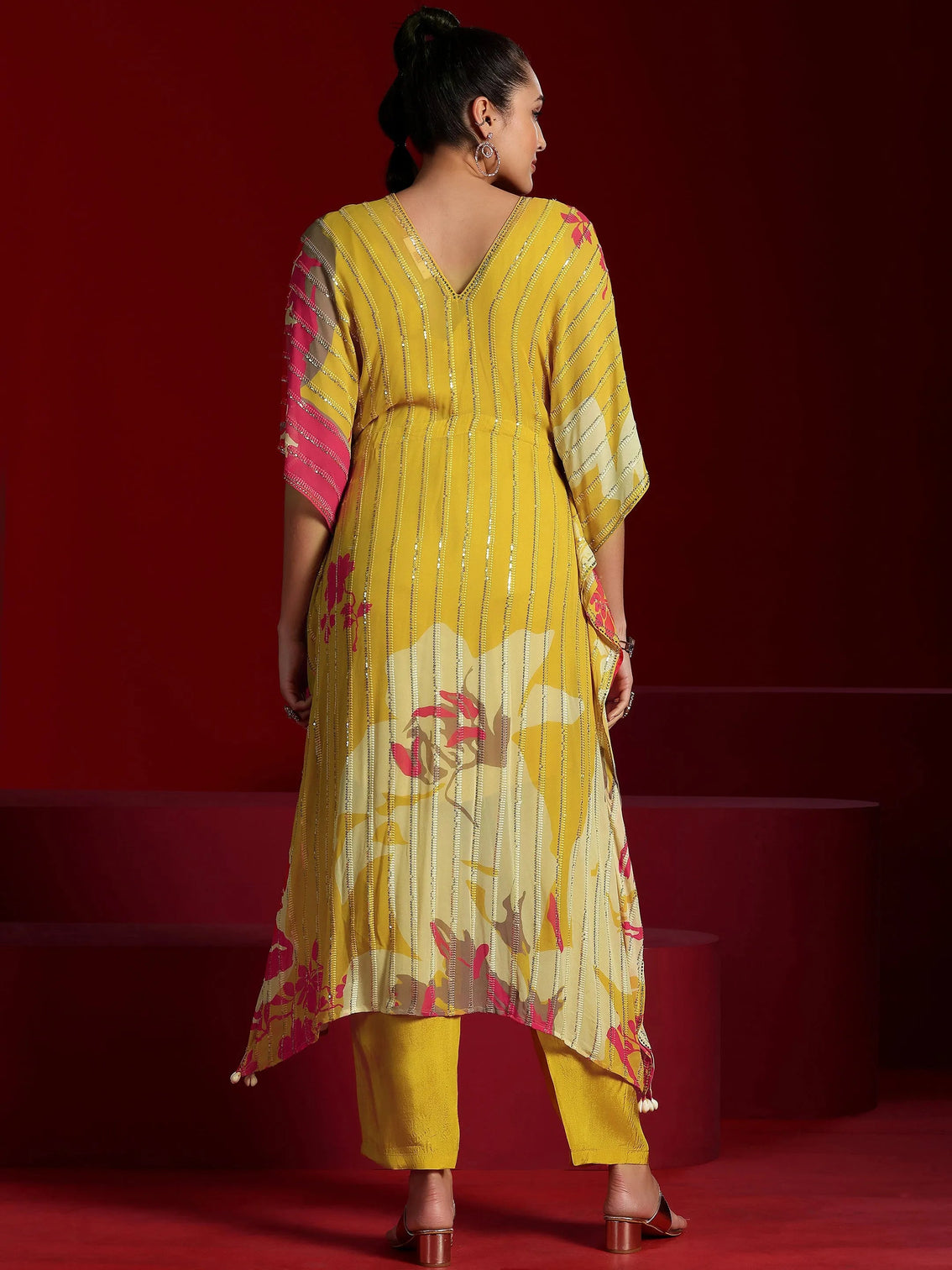 Mameraa Art Yellow Printed Poly Georgette 3 Piece Co-Ords