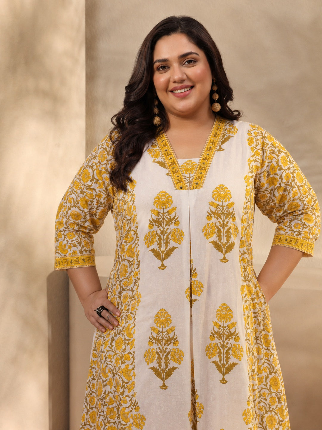 Plus Size Yellow Floral Printed Cotton Blend Anarkali Suit Set