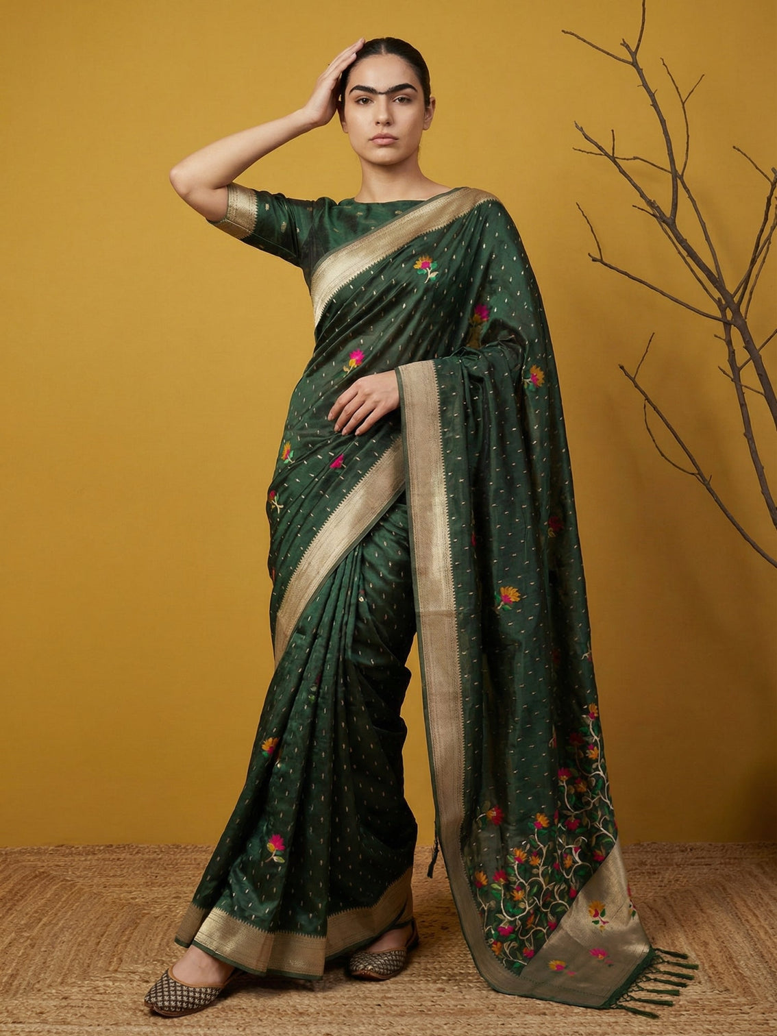 Elegant soft organza saree with meenakari weaving jamdani pallu