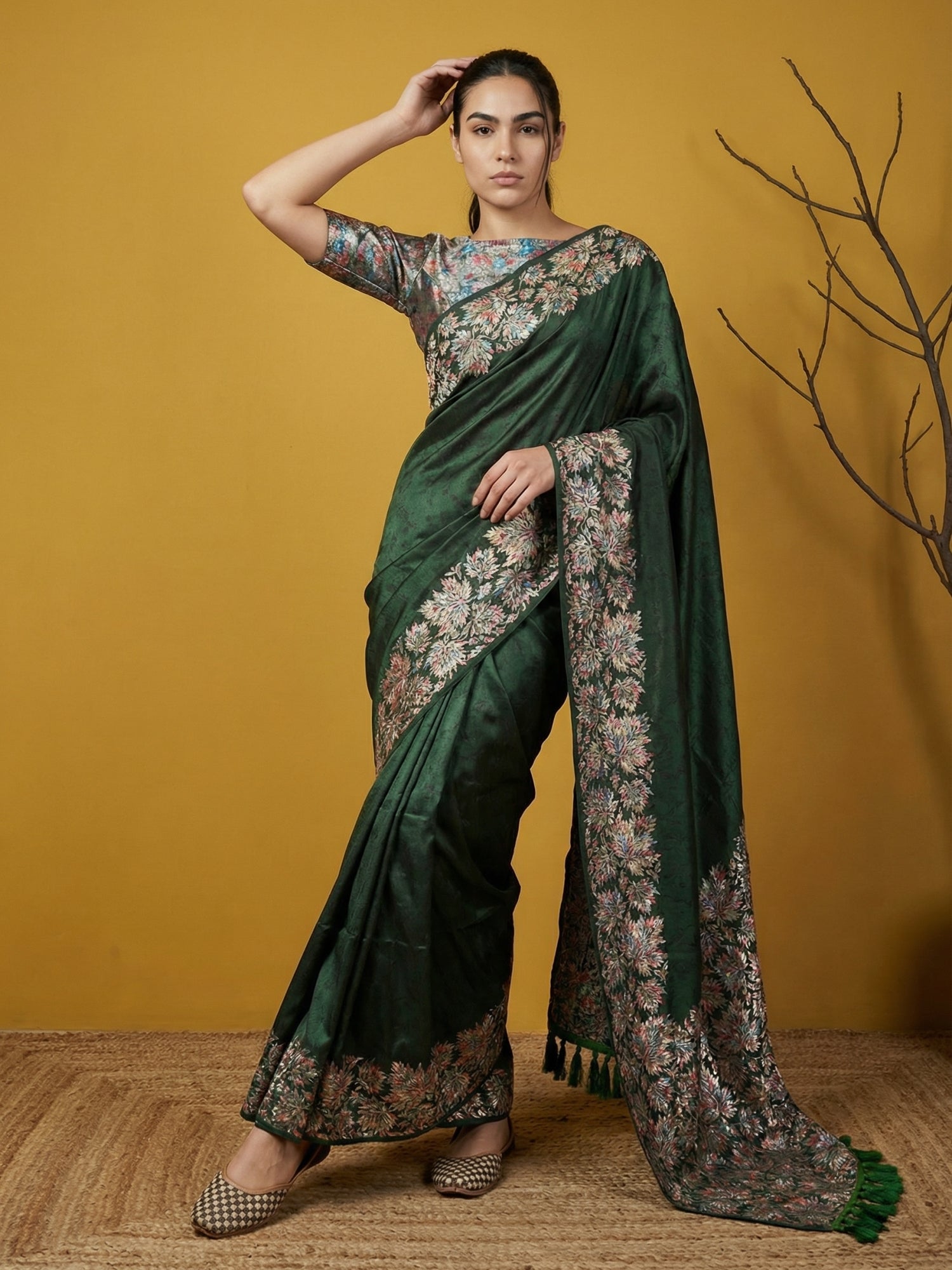 Soft Silk Printed Floral Saree with Rainbow Zari Woven Pallu and Contrast Blouse Festive Party Wear Saree