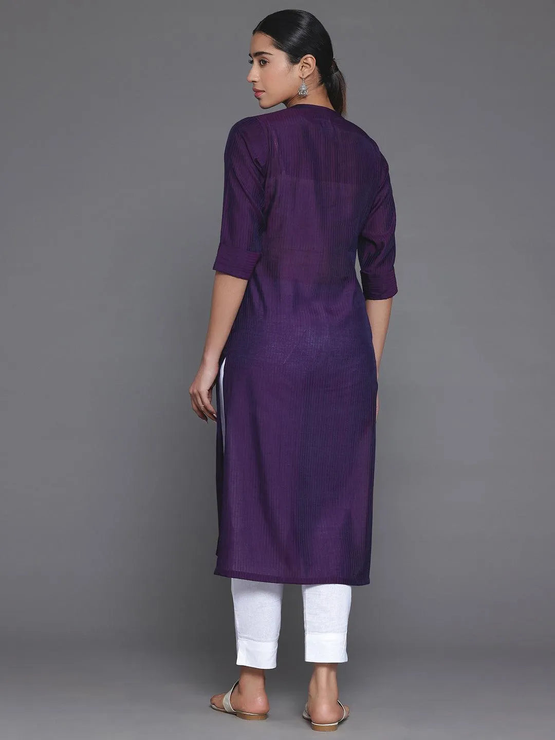 Libas Purple Woven Design Silk Straight Kurta