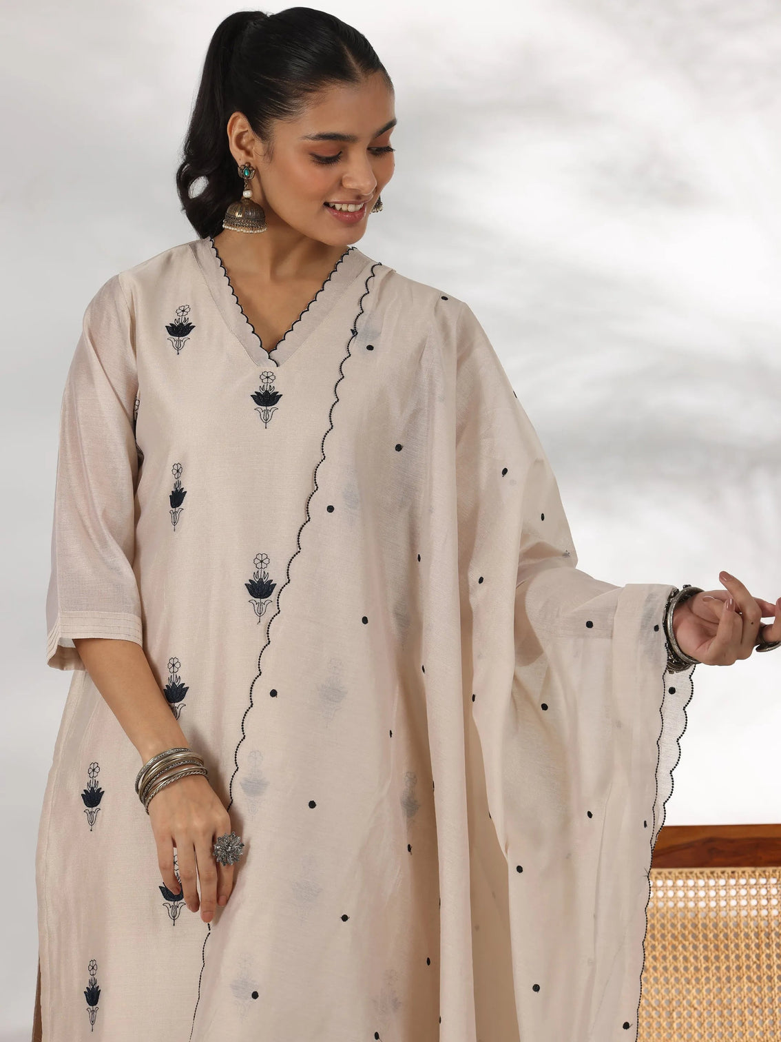 Mameraa Beige Embroidered Chanderi Silk Straight Suit With Dupatta