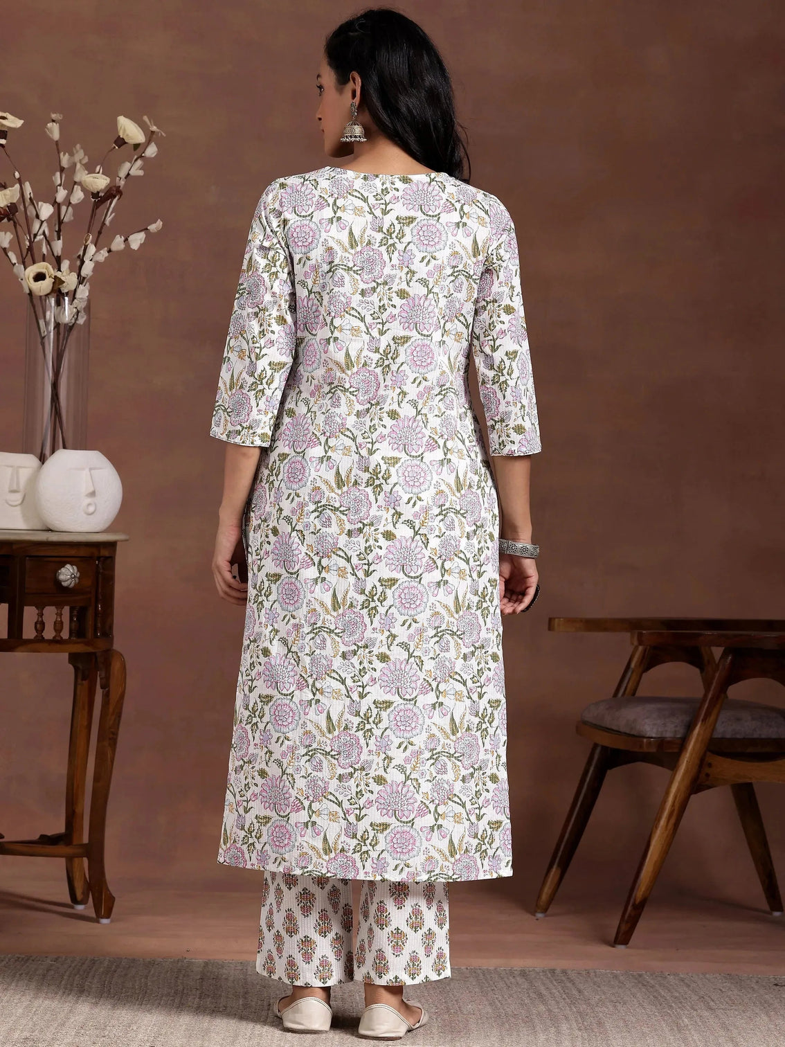 Mameraa Off White Printed Cotton Straight Kurta Set