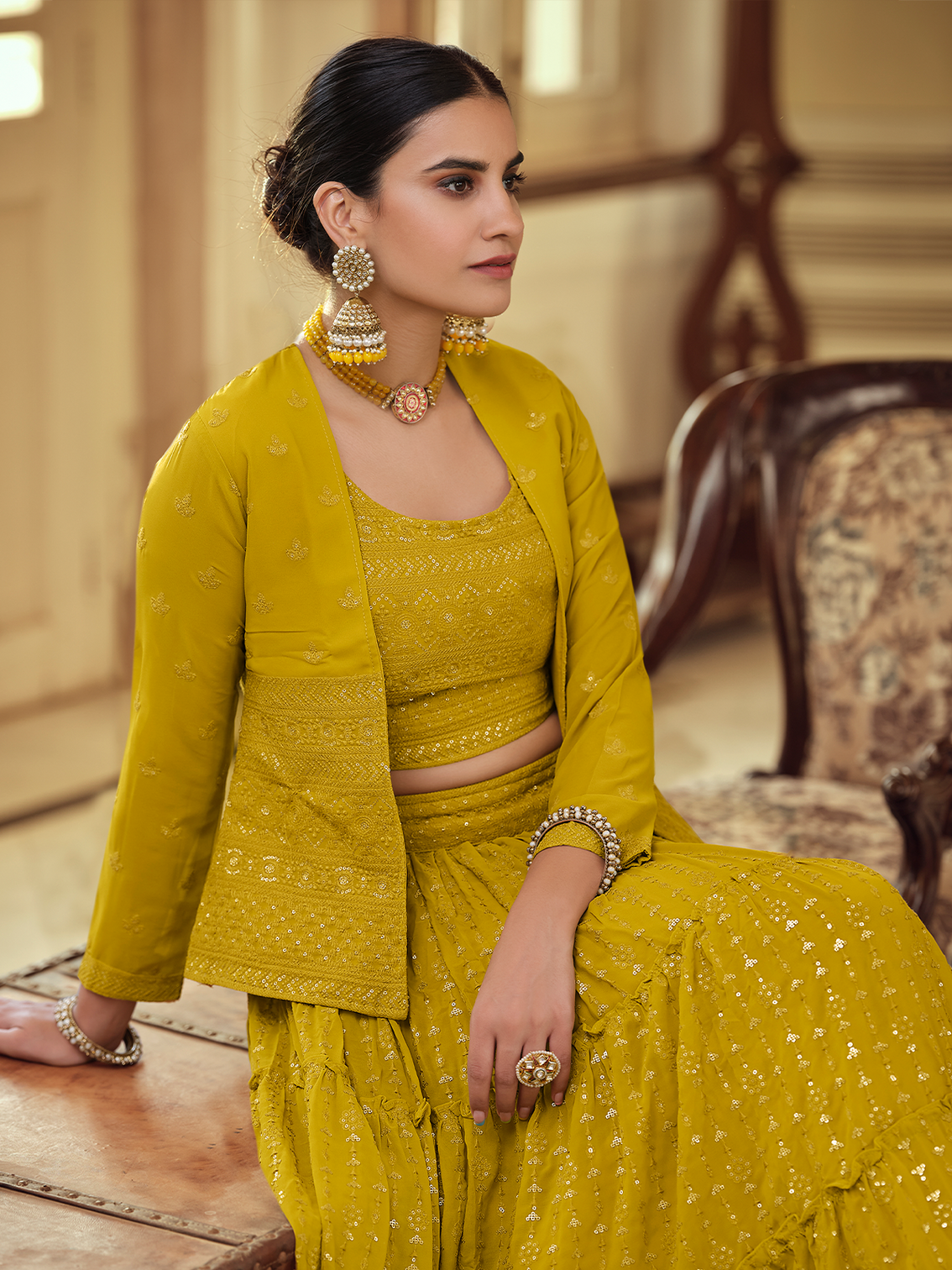 Mustard Embroidered Georgette Semi Stitched Lehenga With Unstitched Blouse