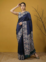 Soft Silk Printed Floral Saree with Rainbow Zari Woven Pallu and Contrast Blouse Festive Party Wear Saree