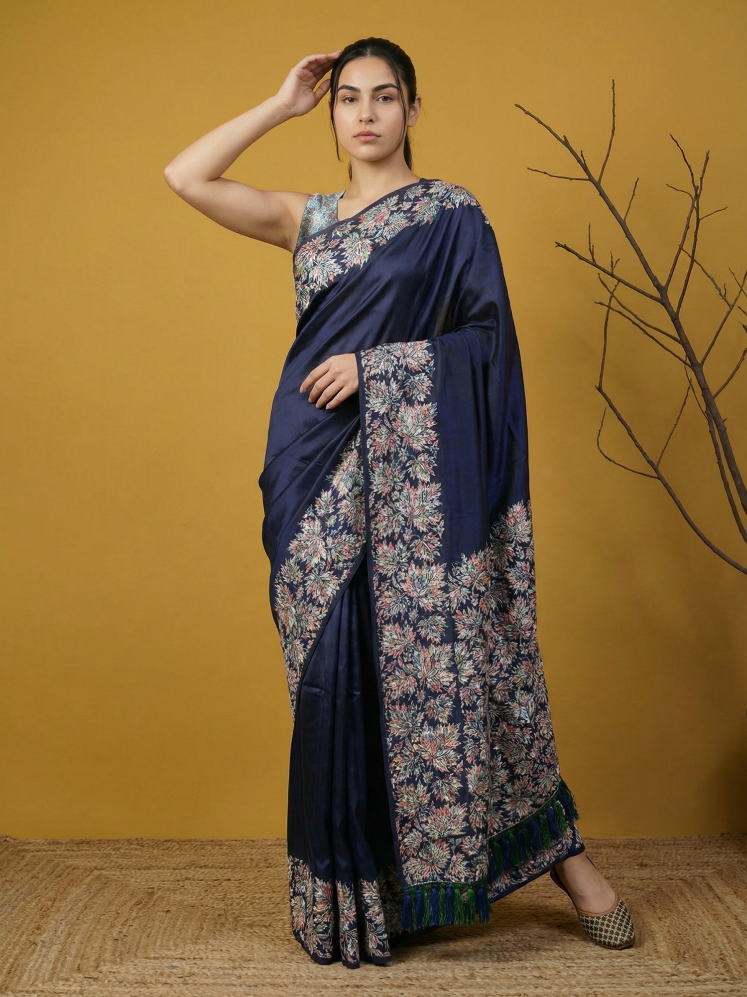 Soft Silk Printed Floral Saree with Rainbow Zari Woven Pallu and Contrast Blouse Festive Party Wear Saree