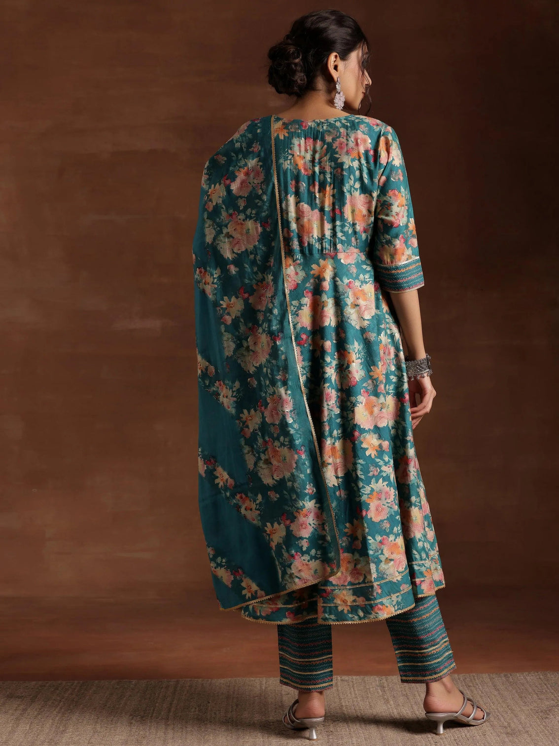 Mameraa Blue Printed Silk Blend Anarkali Suit With Dupatta