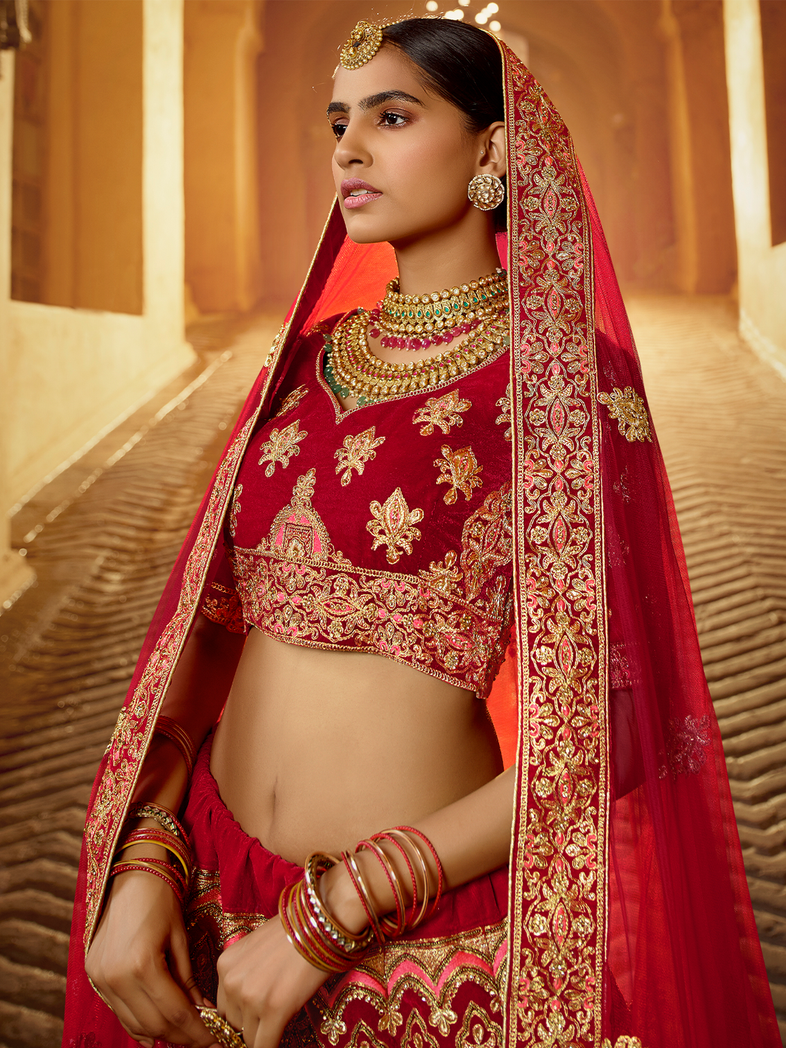 Red Velvet Semi Stitched Lehenga With Unstitched Blouse