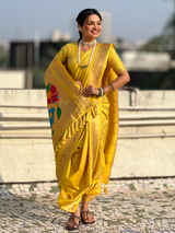 Yellow Wedding Special Nauvari Paithani Soft Silk Saree with Zari Woven Polka Motifs and Peacock Pallu
