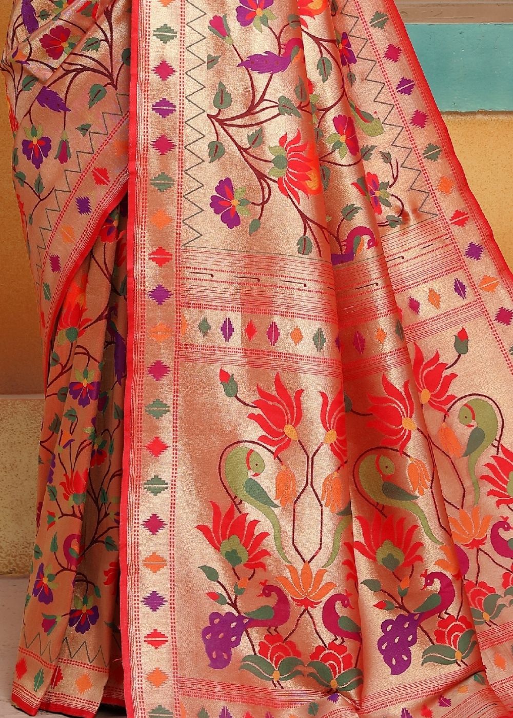 Cherry Red and Golden Blend  Paithani Silk Saree