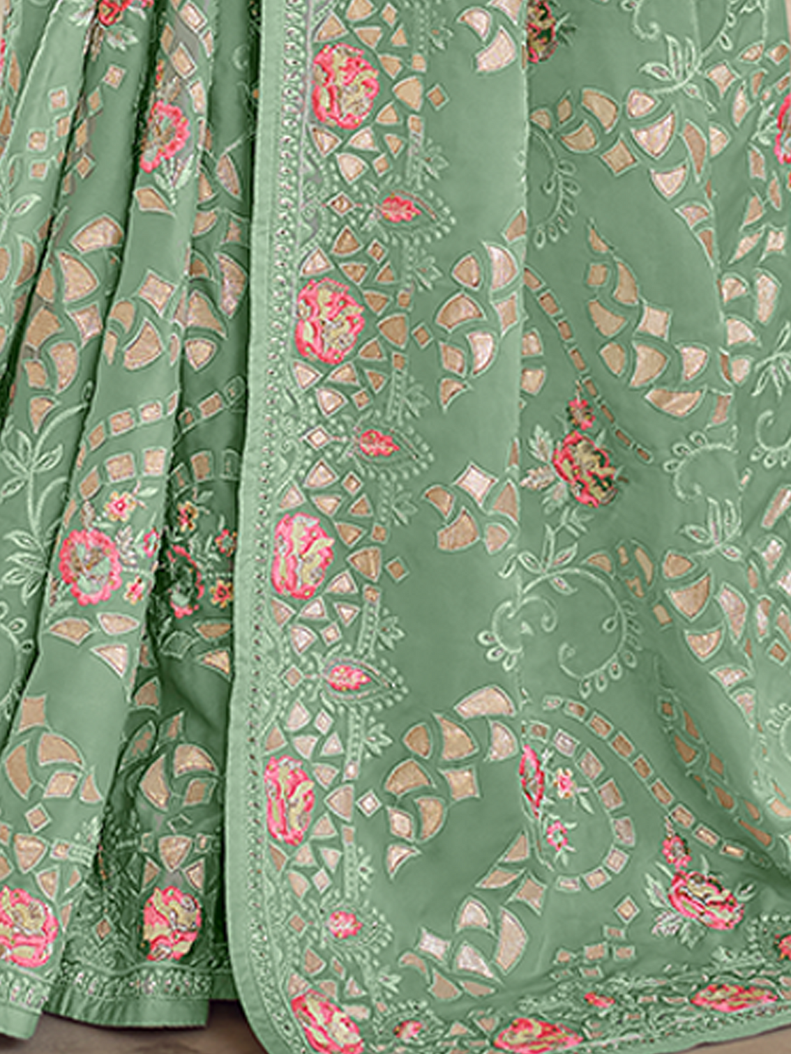 Green Satin Georgette Saree With Unstitched Blouse