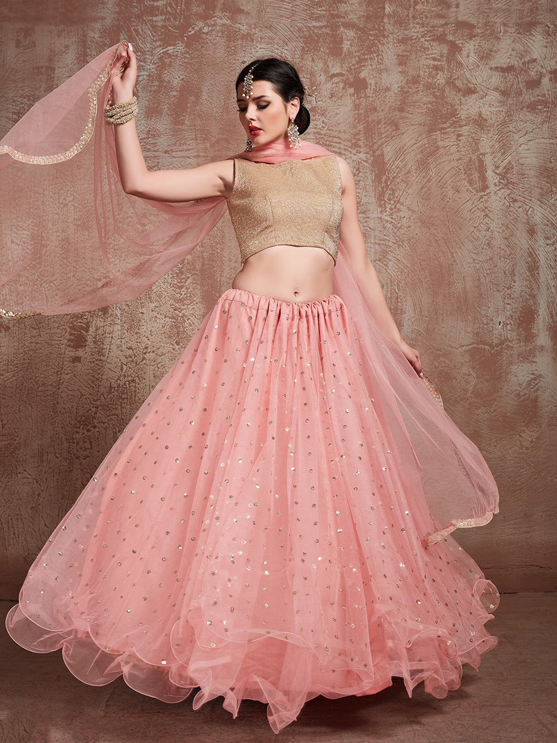 Peach Soft Net Sequins Semi Stitched Lehenga With Unstitched Blouse