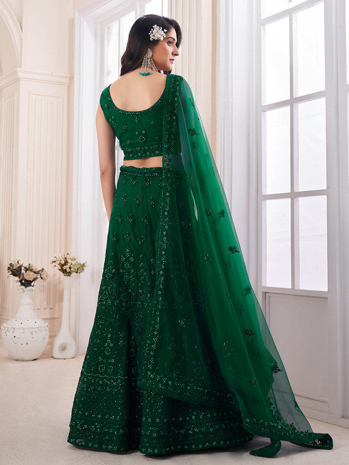 Green Soft Net Embroidered Semi Stitched Lehenga Choli