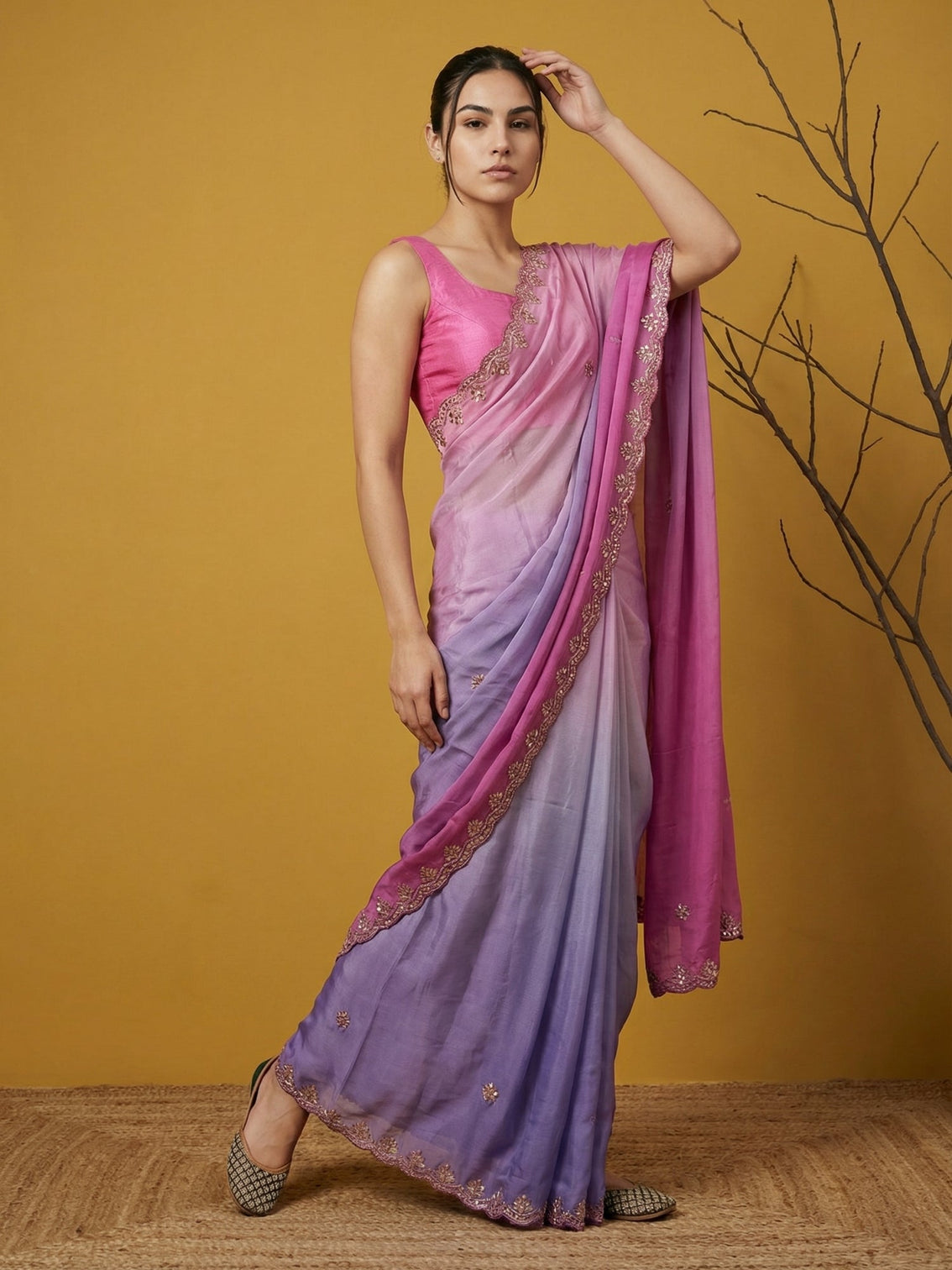 Double shade fendy satin designer saree with gotapatti work cutwork border