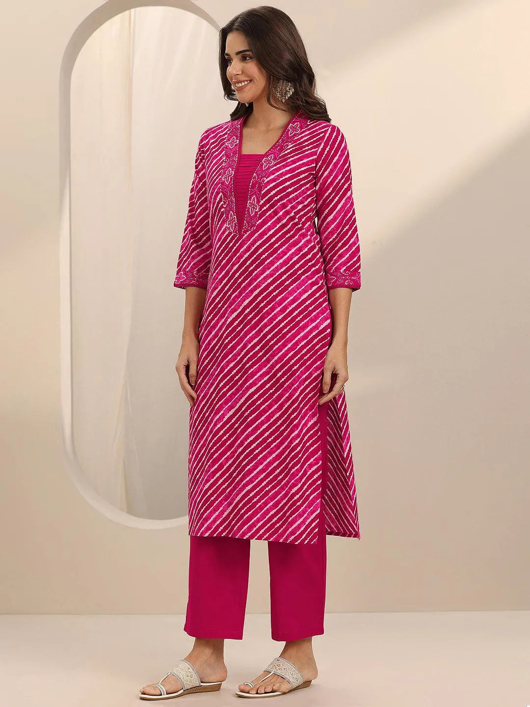 Libas Pink Printed Cotton Straight Suit Set With Dupatta