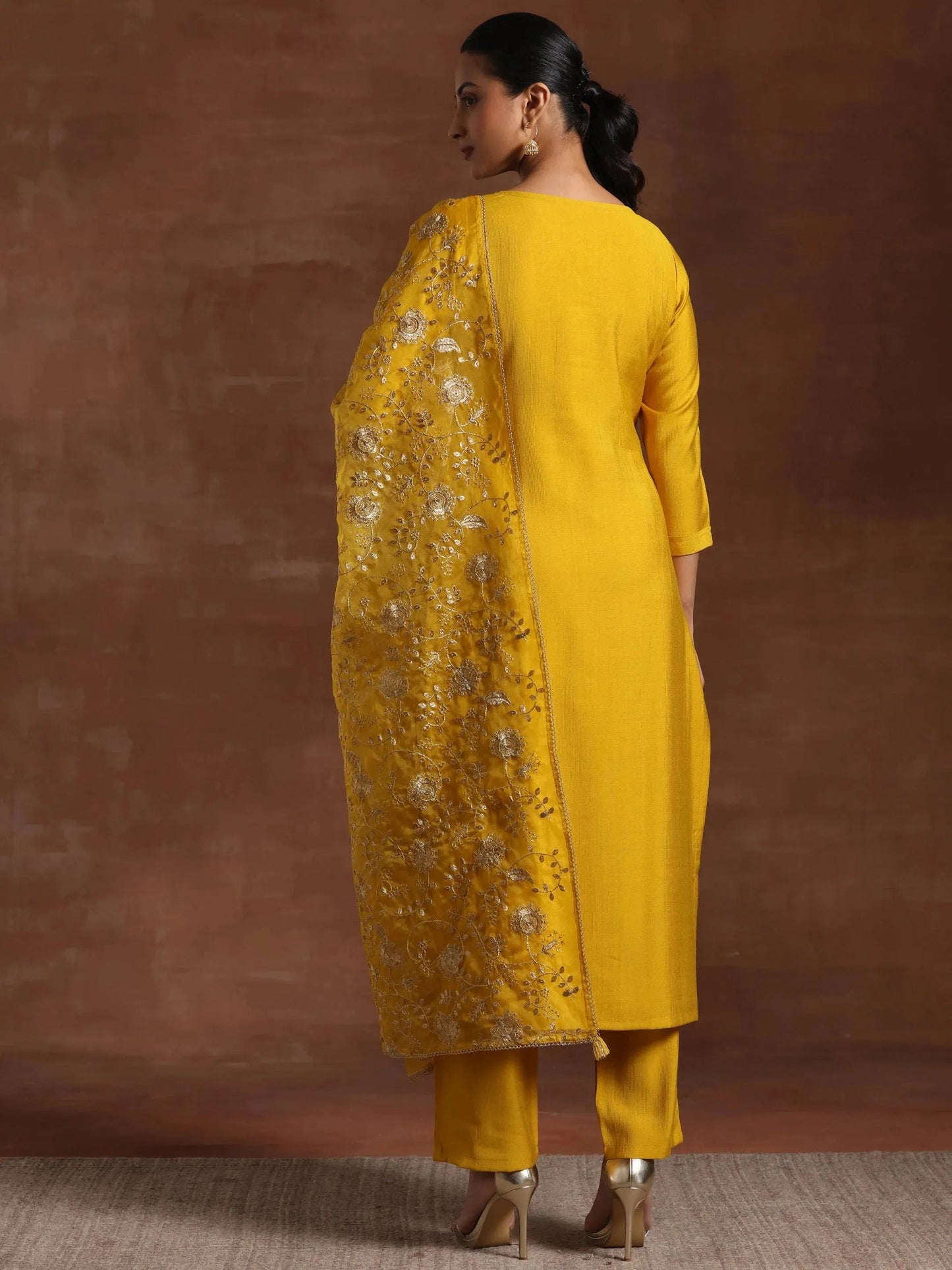 Libas Mustard Embroidered Silk Blend Straight Suit With Dupatta