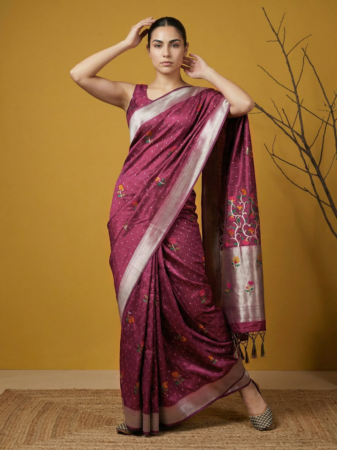 Designer soft organza saree with meenakari weaving jamdani pallu