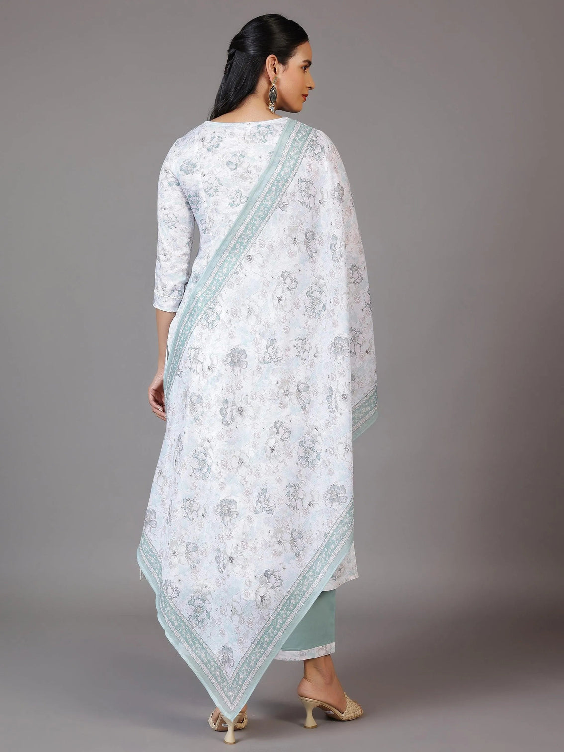 Mameraa Off White Printed Cotton Blend A-Line Kurta With Palazzos & Dupatta