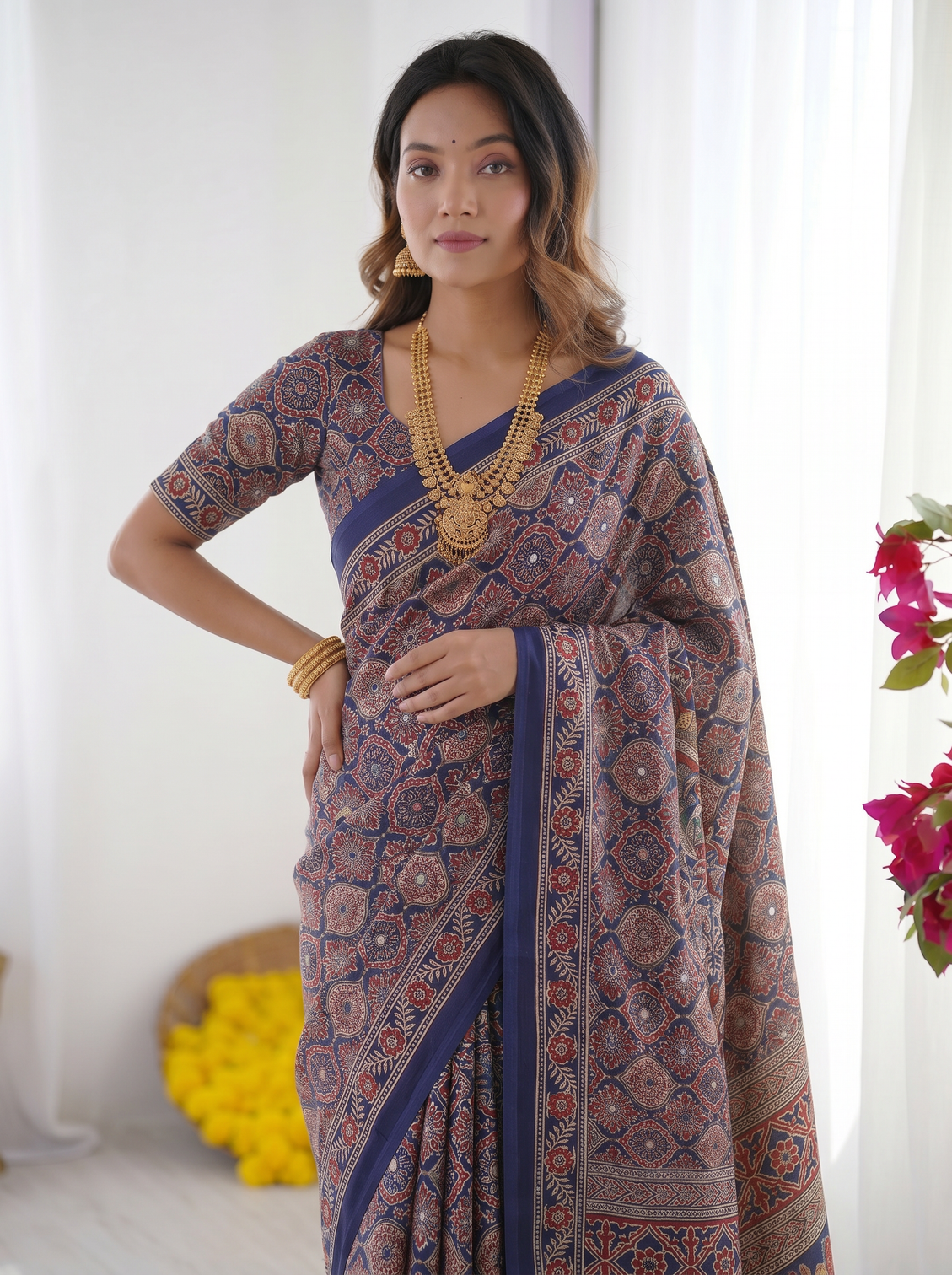 Royal blue modal silk saree with intricate ajrakh inspired geometric prints peacock artistic pallu traditional border