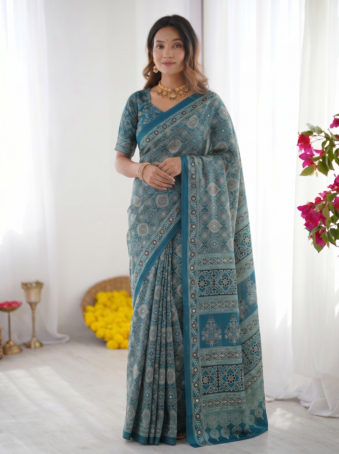 Teal blue modal silk saree with heritage geometric motifs intricate printed border traditional designer pallu