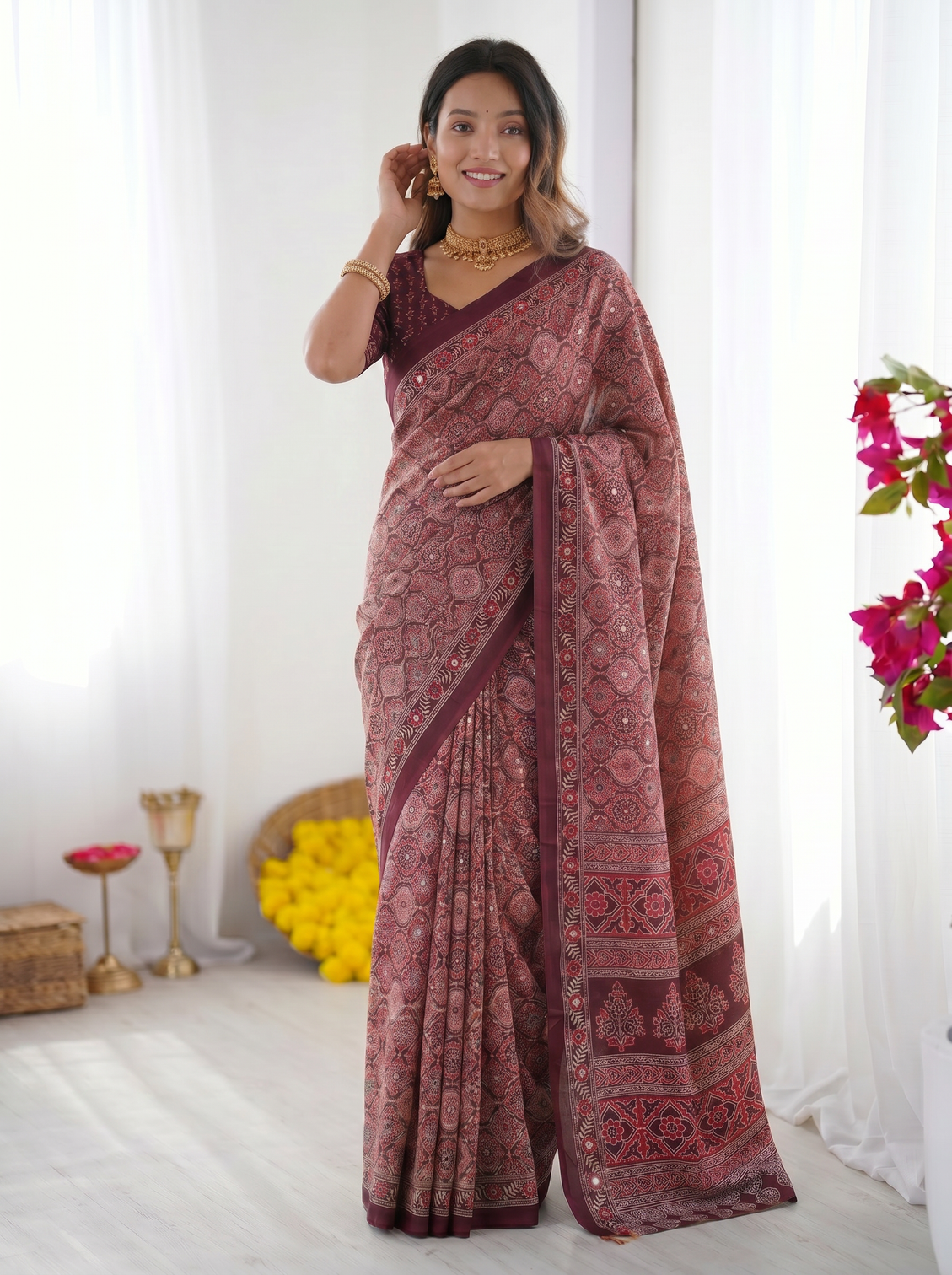 Dusty mauve modal silk saree with intricate heritage geometric prints traditional designer border rich artistic pallu mameraa