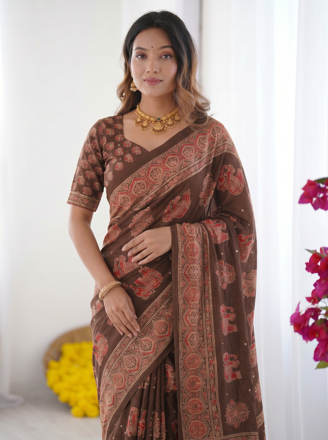 Chocolate brown modal silk saree with elephant motif heritage print designer pallu traditional festive wear saree