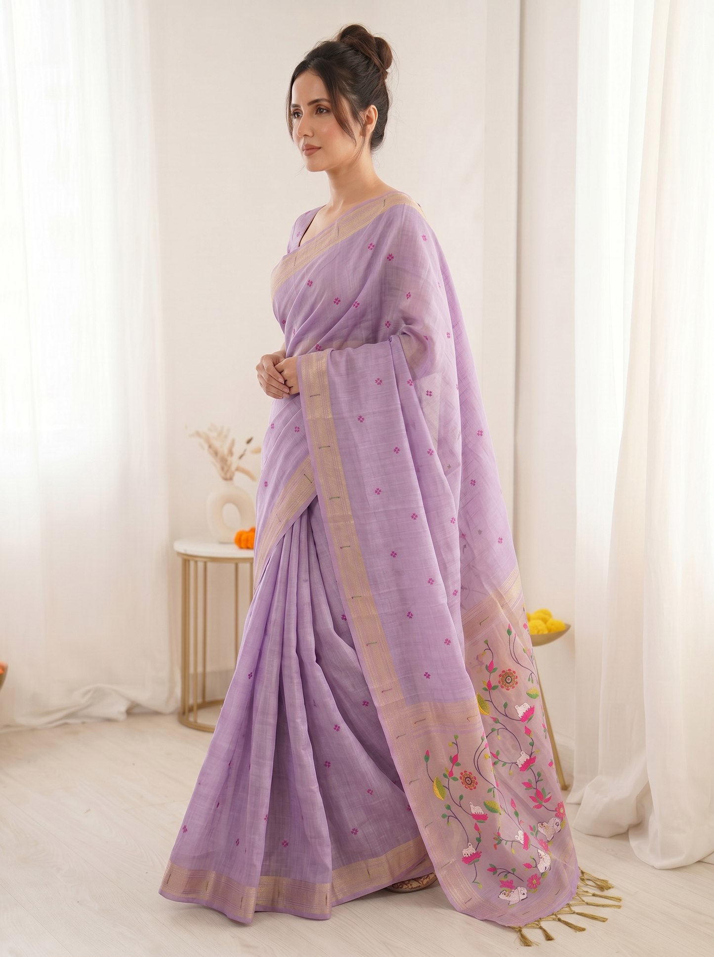 Lavender Premium Soft Muga Cotton Saree with Paithani Swan Meenakari Pallu